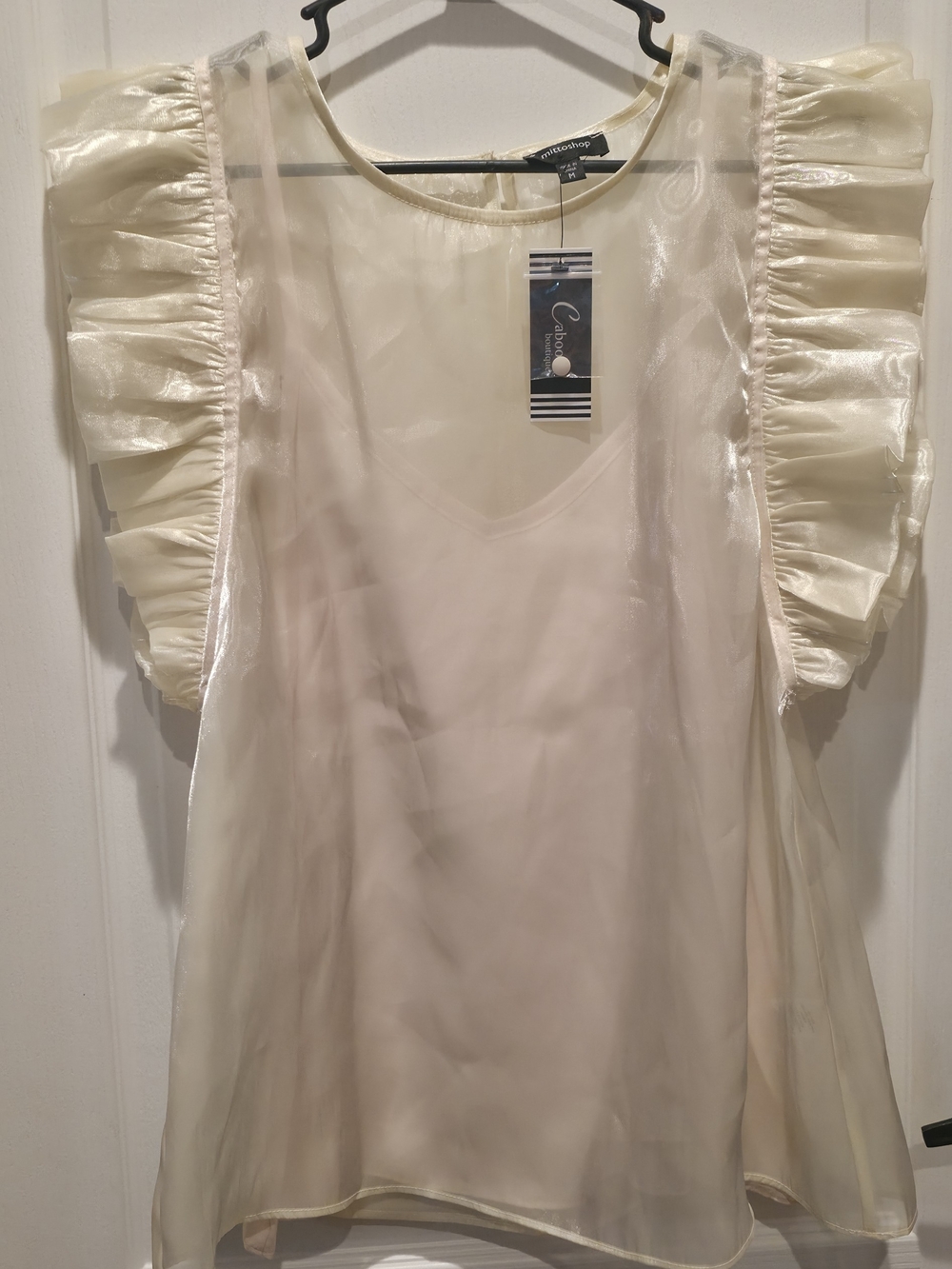 Med. Sweetheart Sheer Ruffle Sleeve Ivory Top